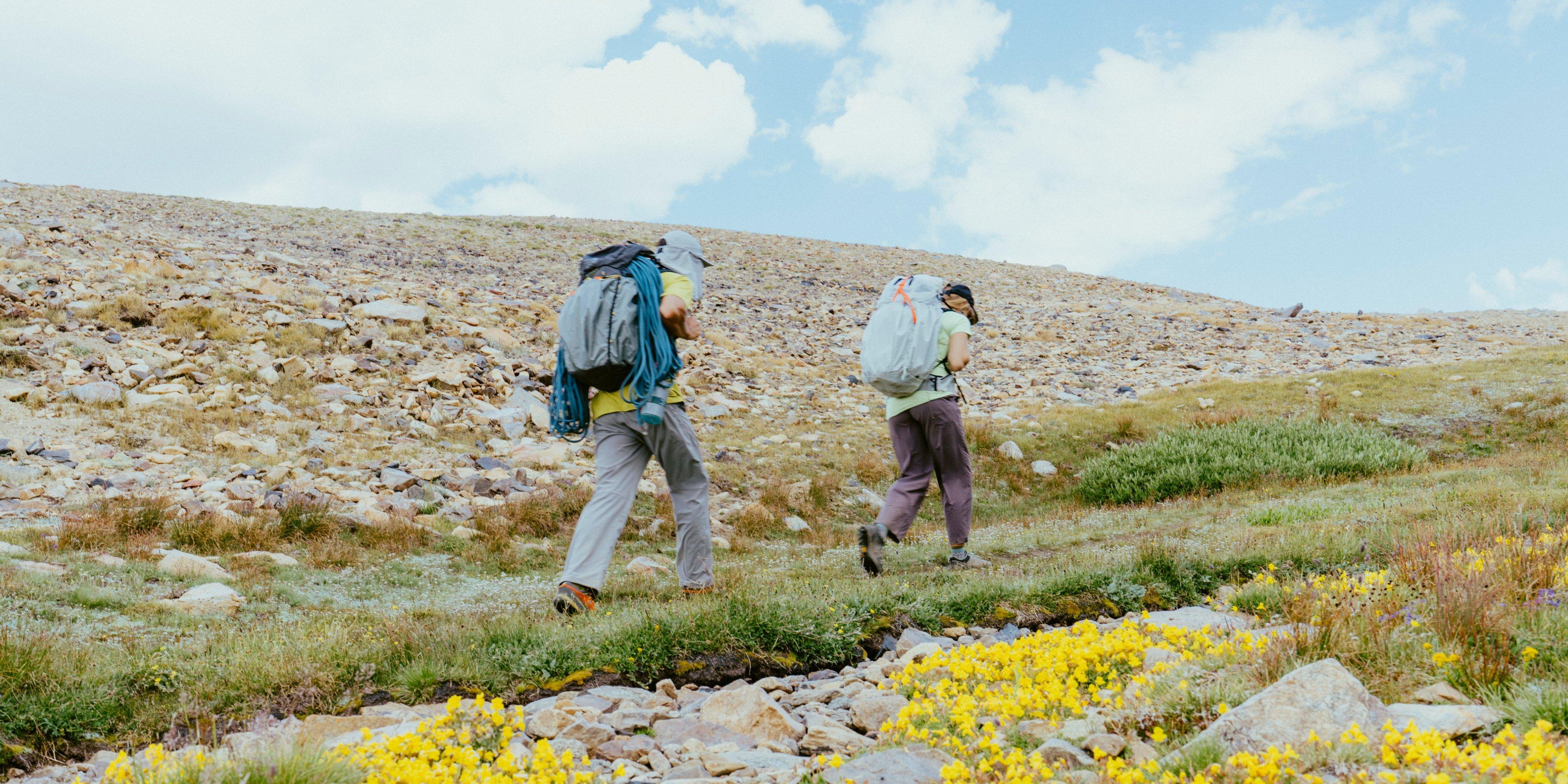 Climbing rope spilling from the sides, two hikers with Kazam™ and Alakazam™ Backpacks trek onward through yellow wildflowers.