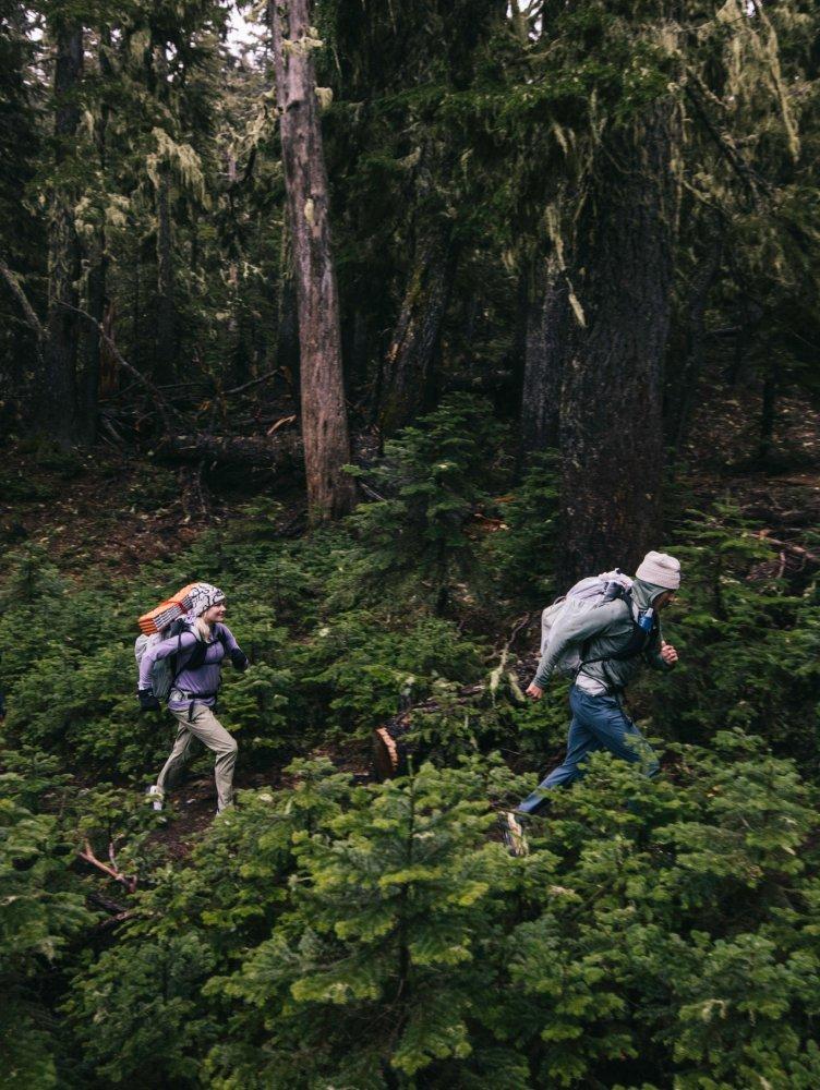 Two backpackers make their way through a trail in the forest.