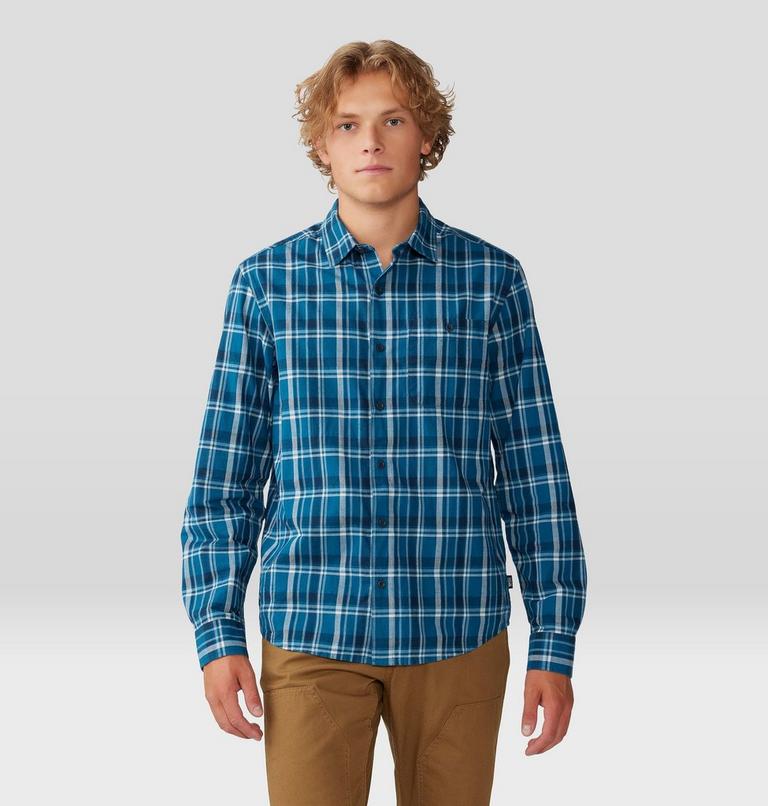 Men's Big Cottonwood Long Sleeve Shirt, Color: Dark Caspian Trailhead Plaid, image 5