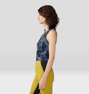 Women's Mountain Stretch Tanklette, Color: Blue Slate Spore Dye Print, image 7
