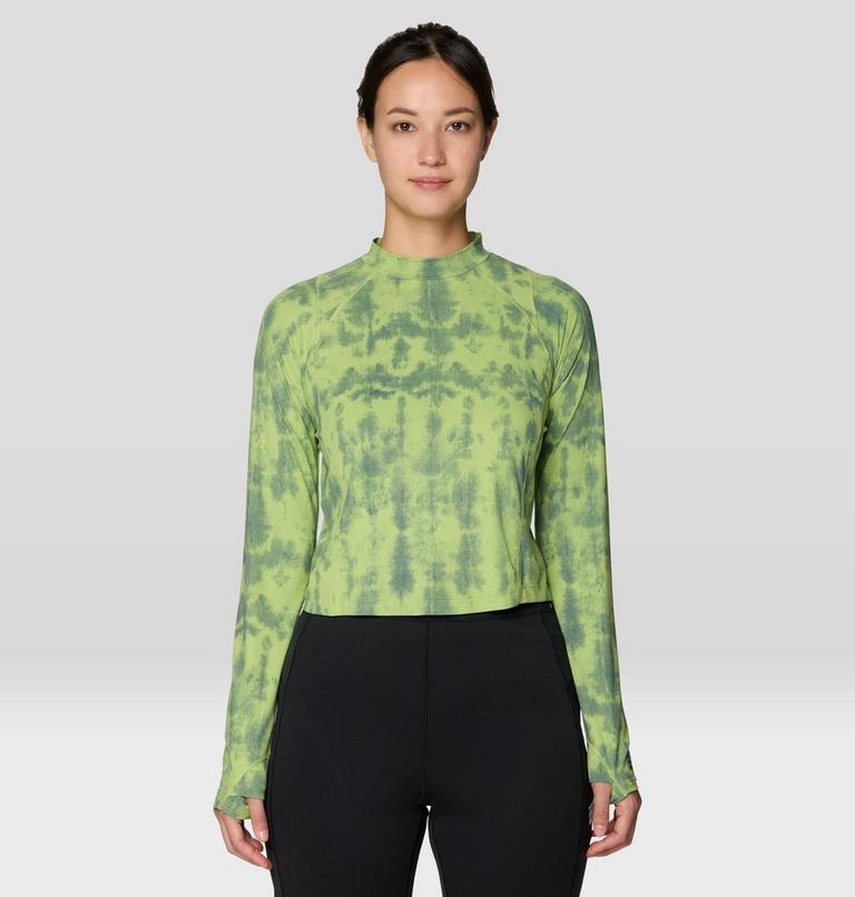 Women's Crater Lake Long Sleeve Crop Shirt, Color: Bright Lichen Shadowdye Print, image 1