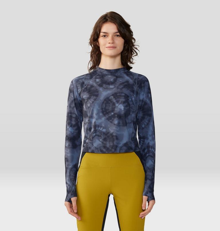 Women's Crater Lake Long Sleeve Crop, Color: Blue Slate Spore Dye Print, image 1