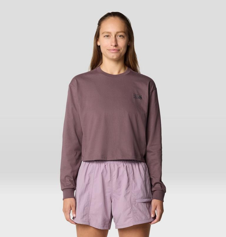 Women's Mountain Sunset Boxy Crop Long Sleeve, Color: Warm Ash, image 1