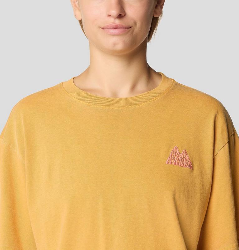 Women's MHW Mountains Collab Short Sleeve, Color: Sundown Gold, image 5