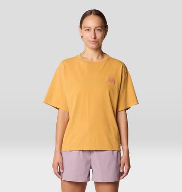 Women's MHW Mountains Collab Short Sleeve, Color: Sundown Gold, image 1