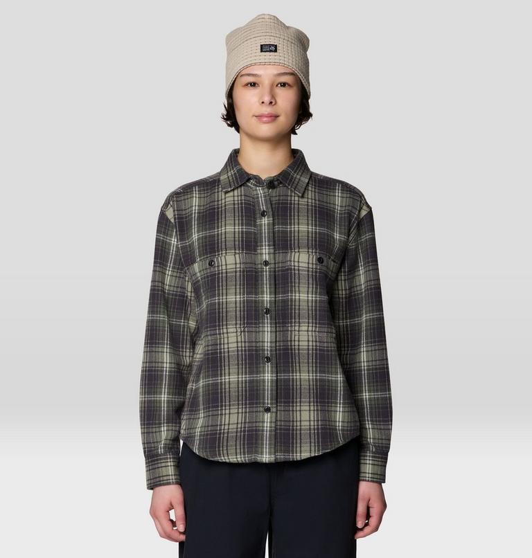 Women's Plusher Relaxed Long Sleeve Flannel, Color: Grit Grey Shelter Plaid, image 1
