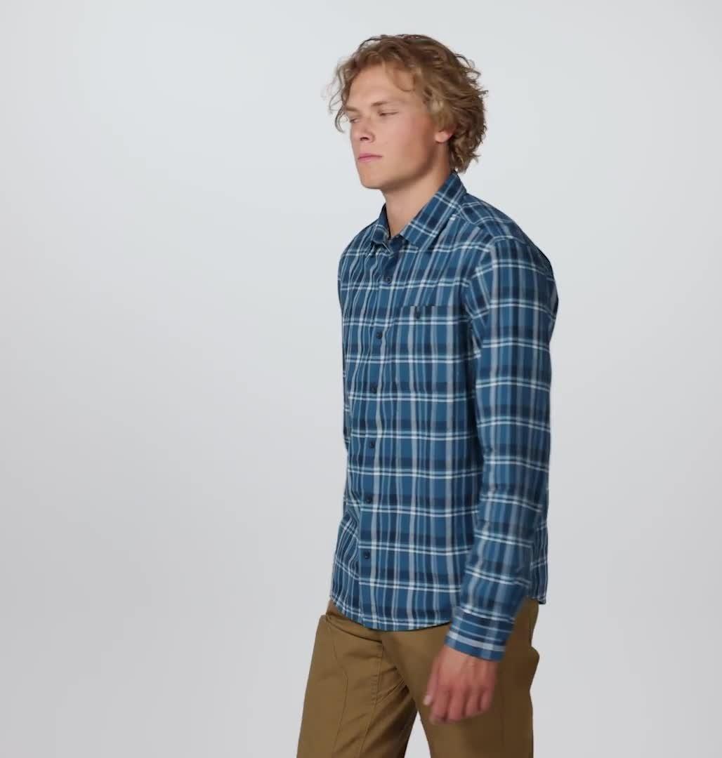 Men's Big Cottonwood Long Sleeve Shirt, Color: Dark Caspian Trailhead Plaid