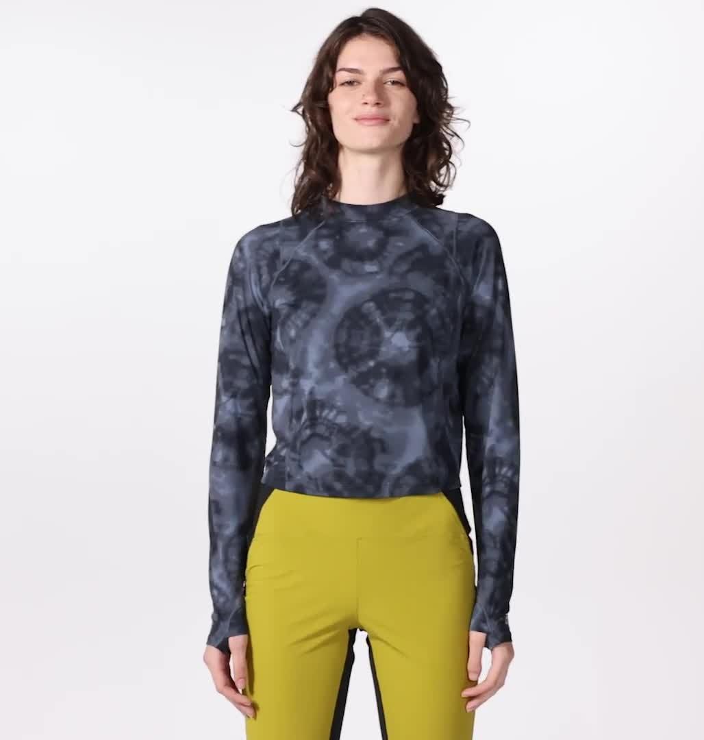 Women's Crater Lake Long Sleeve Crop, Color: Blue Slate Spore Dye Print
