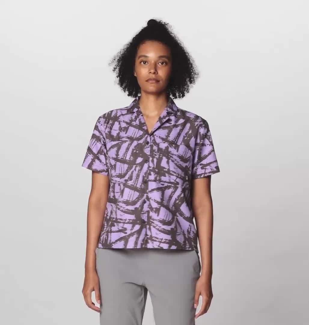 Women's Sun Drift Cooling Short Sleeve Shirt, Color: Purple Sage Brushstrokes Print